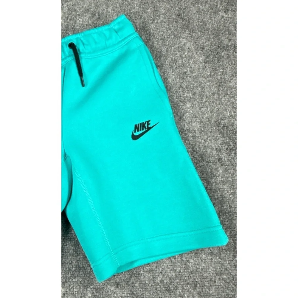 Nike Tech Kids Small Teal Green Fleece Drawstring Shorts Zip Pocket NWT